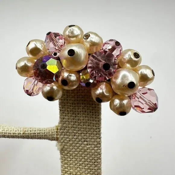 Vintage Laguna Pink Aurora Borealis crystal and Faux Pearl clip on earrings!